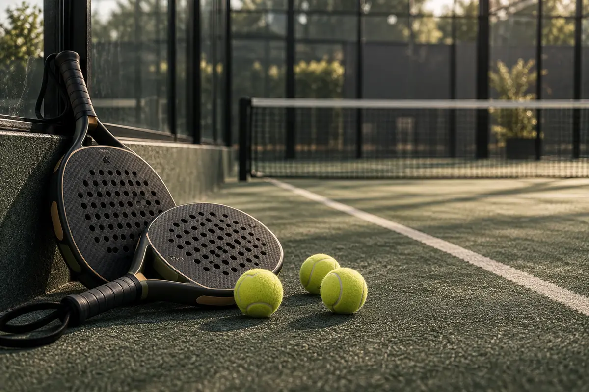 Illustrative image of padel rackets and balls beside a court